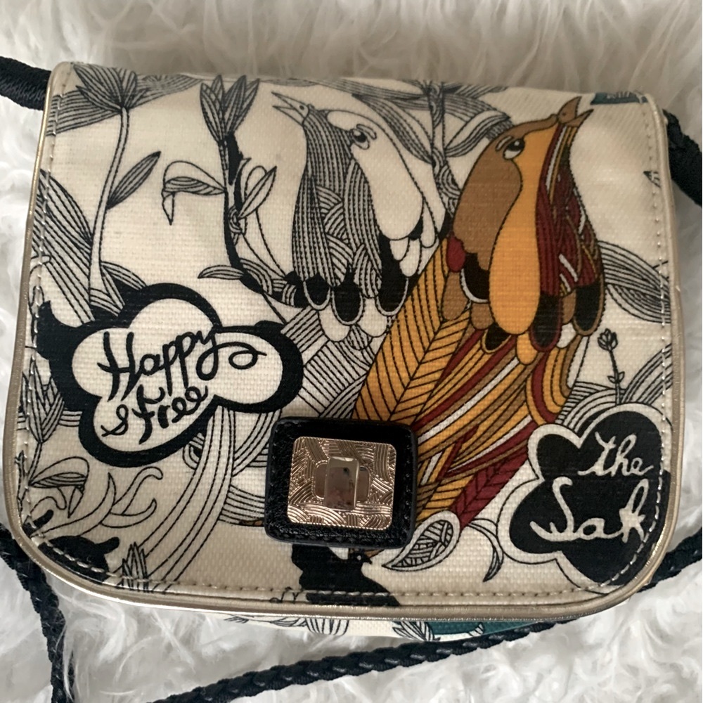 Sakroots bag crossbody style with graphic art bird design Happy & Free